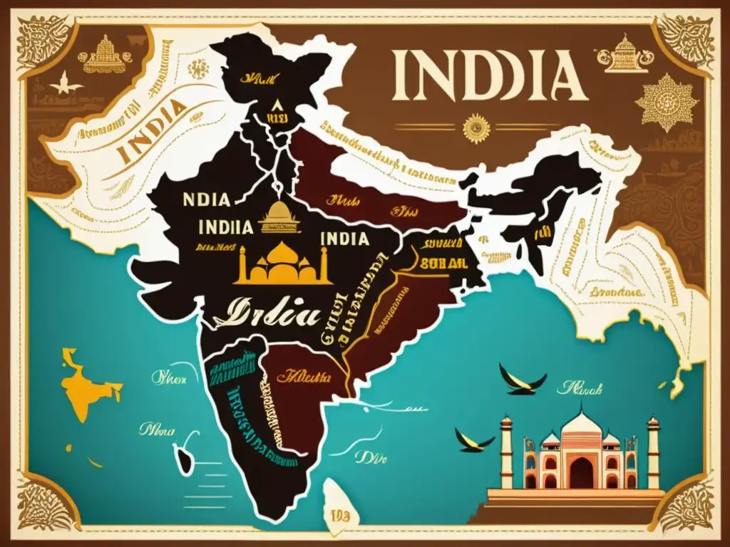 Un mapa vintage vibrante de la India, con intrincada caligrafía y patrones tradicionales que representan la diversidad lingüística