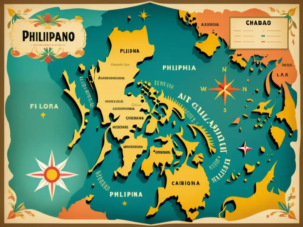 Un mapa vintage de Filipinas destaca las zonas donde se habla Chabacano, con ilustraciones detalladas de influencias culturales