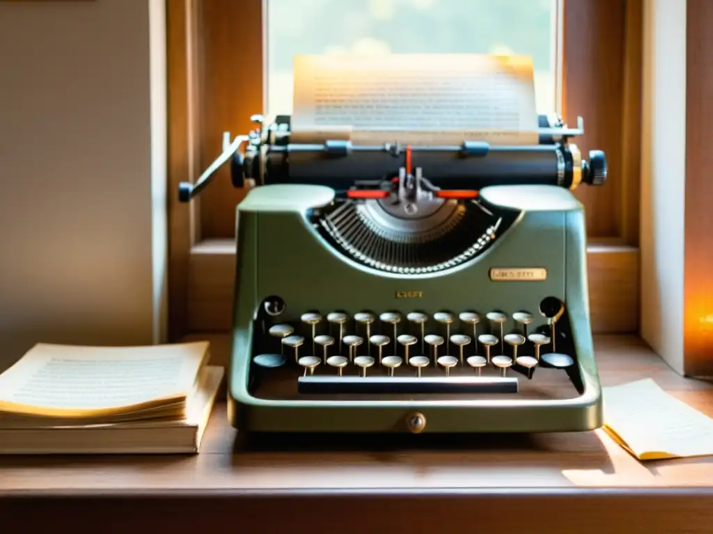 Una máquina de escribir vintage con diccionarios antiguos apilados junto a ella en un escritorio de madera, iluminada suavemente por la luz natural