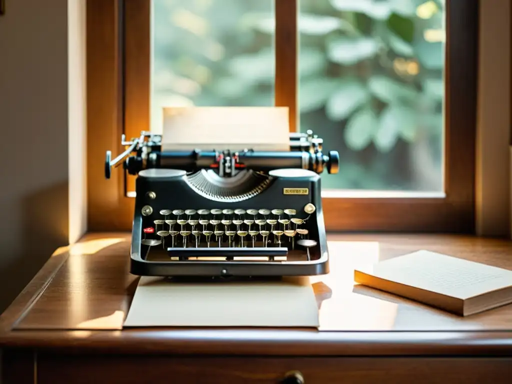 Una máquina de escribir vintage sobre un escritorio de madera, iluminada por luz natural