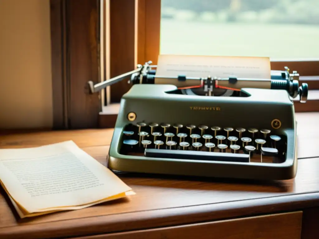 Una máquina de escribir vintage en un escritorio de madera, con un montón de papel envejecido al lado