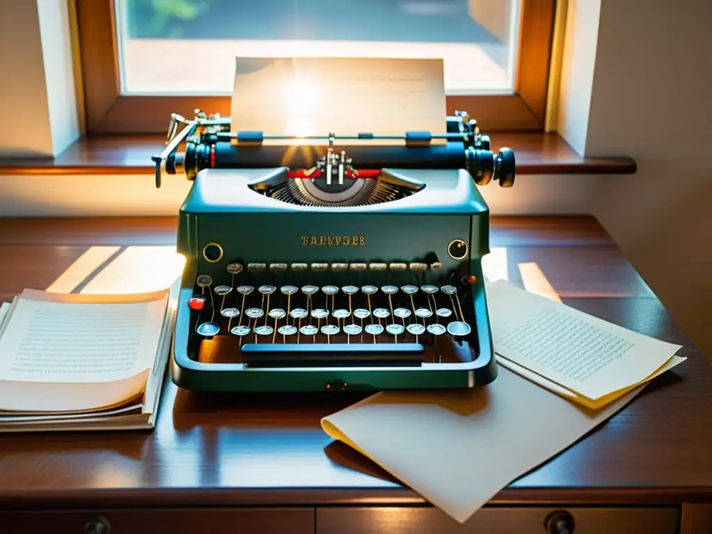 Una máquina de escribir vintage reposa en un escritorio de madera pulida, bañada por la cálida luz de la tarde