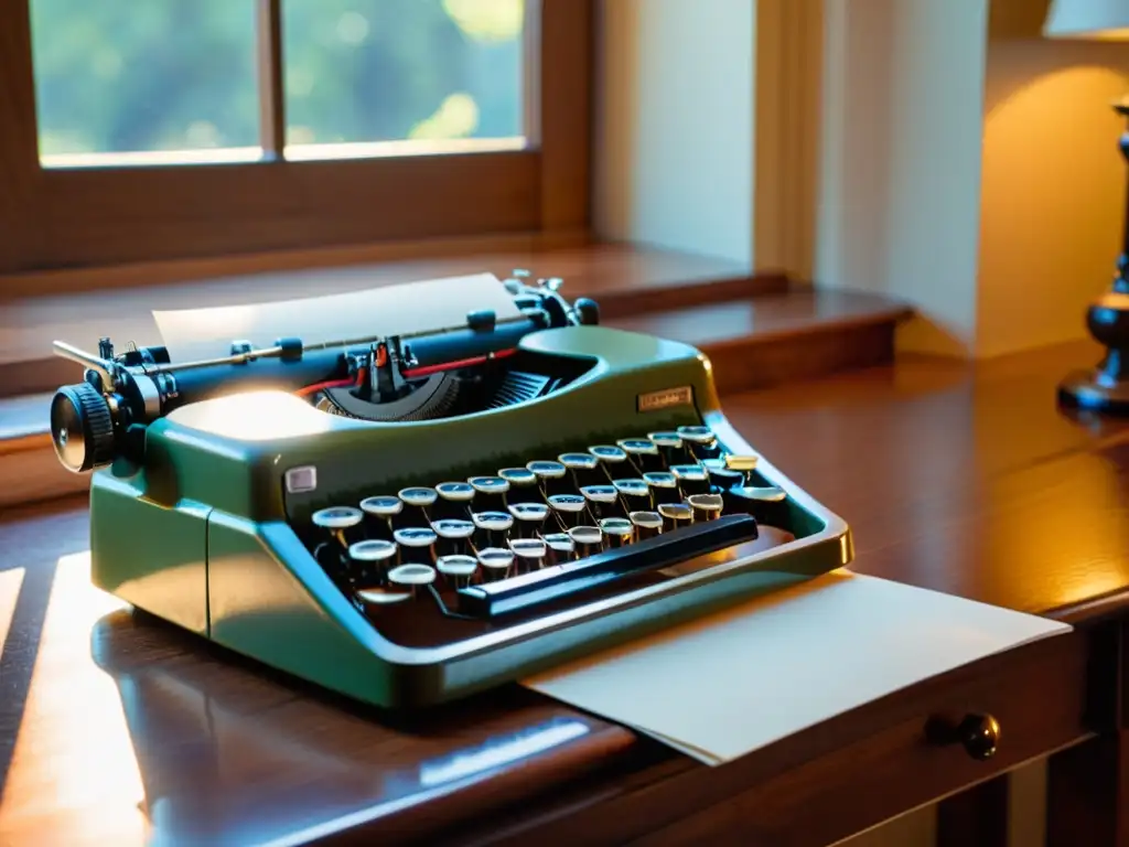 Una máquina de escribir vintage en un escritorio de madera pulida, lista para ser usada