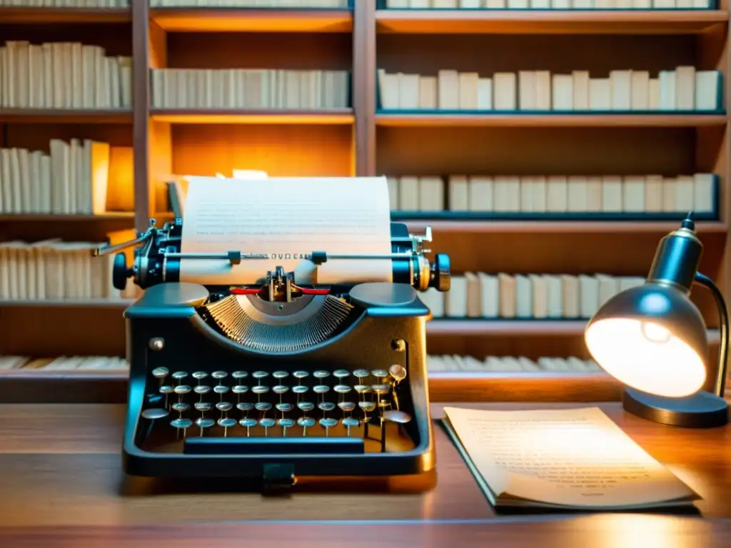 Una máquina de escribir vintage en un escritorio de madera, con una página a medio escribir en español e inglés