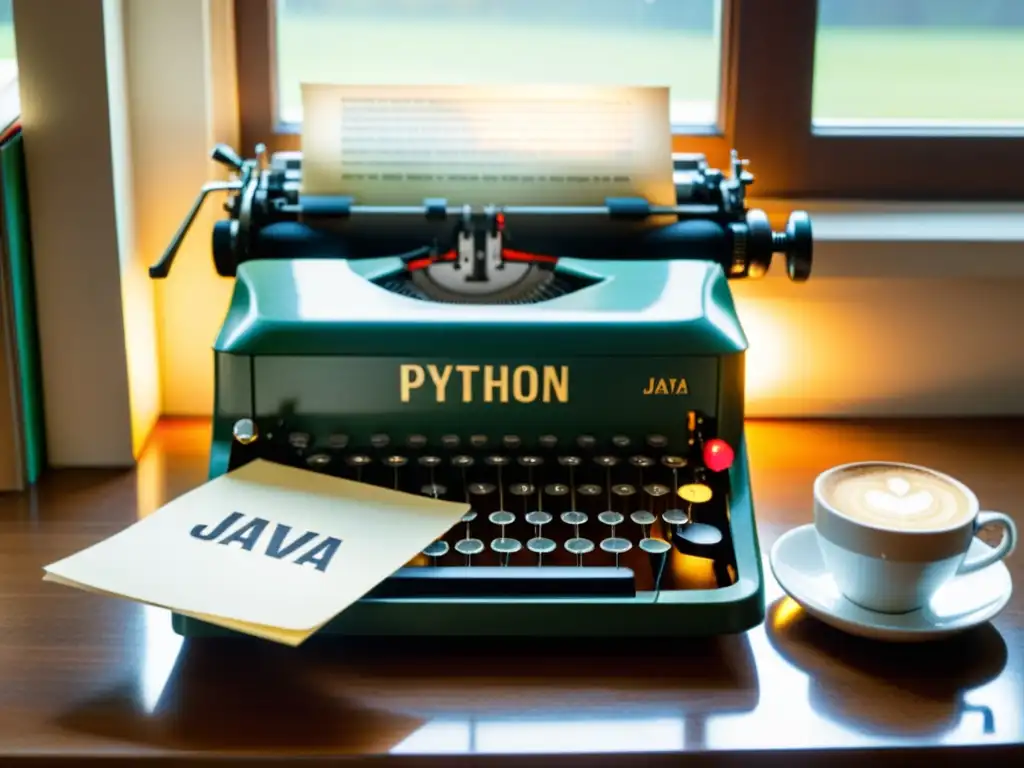 Una máquina de escribir vintage con las palabras 'Python' y 'Java' escritas, rodeada de libros de programación antiguos y una taza de café