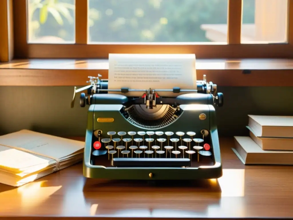 Una máquina de escribir vintage rodeada de documentos multilingües, bañada por cálida luz dorada, evocando una atmósfera nostálgica y académica