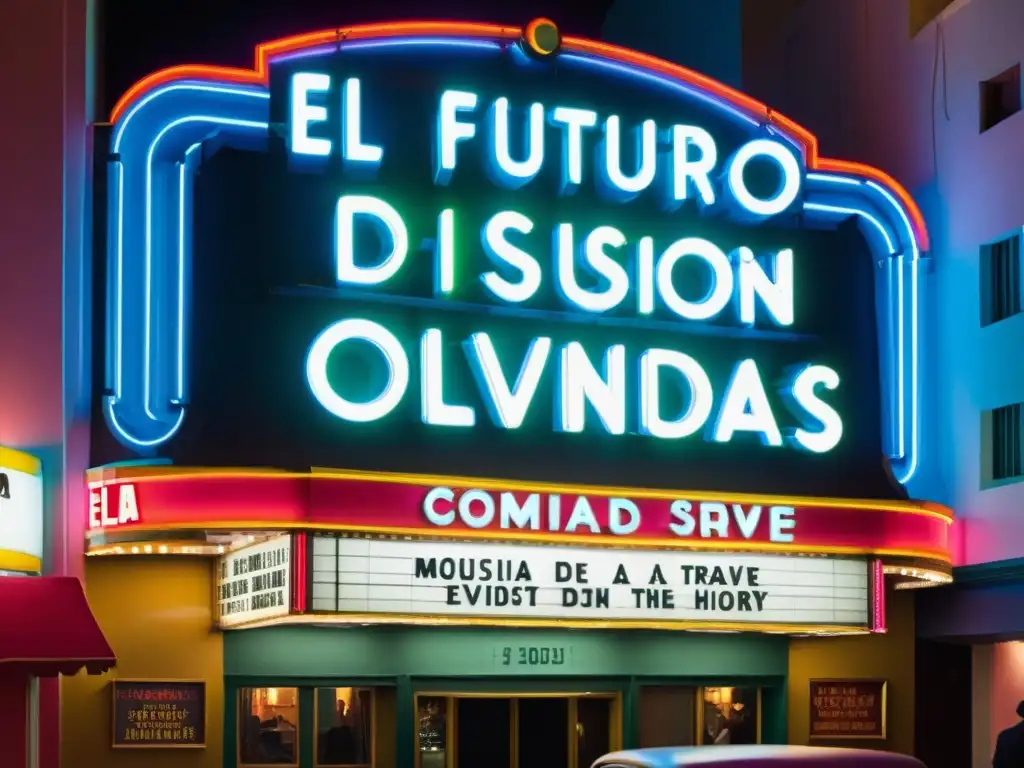 Un marquesina de cine vintage con el título 'El futuro de la difusión de lenguas olvidadas a través del cine', rodeada de luces de neón coloridas y actividad bulliciosa