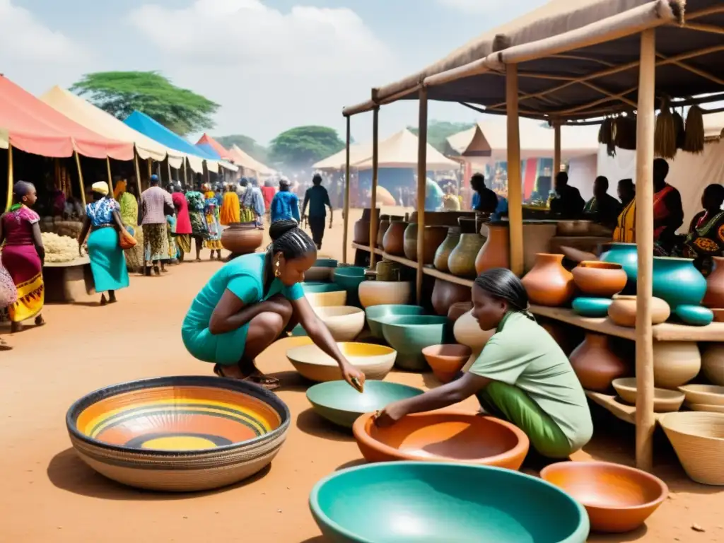 Mercado africano vibrante con textiles coloridos y gente realizando artesanías tradicionales, capturando la fusión de términos bantúes y arte global