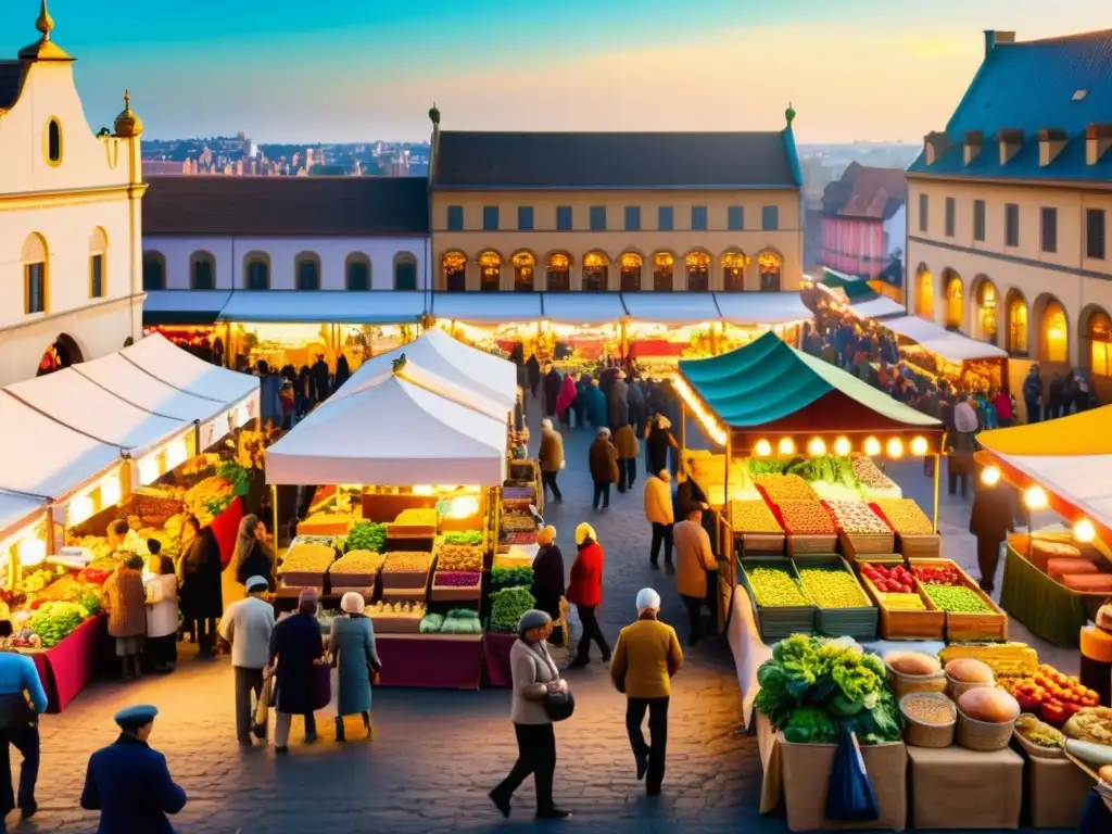 Un mercado al aire libre bullicioso con puestos coloridos de comida internacional, gente de diferentes culturas conversando y probando platos