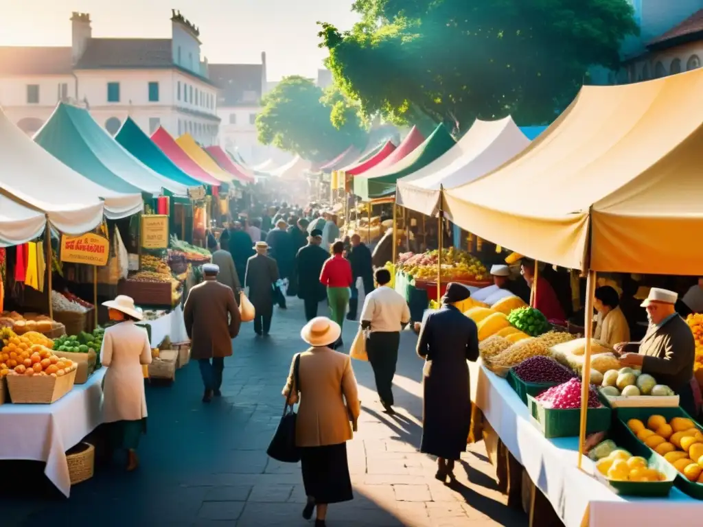 Un mercado al aire libre bullicioso y colorido, con puestos vibrantes y banderas llamativas