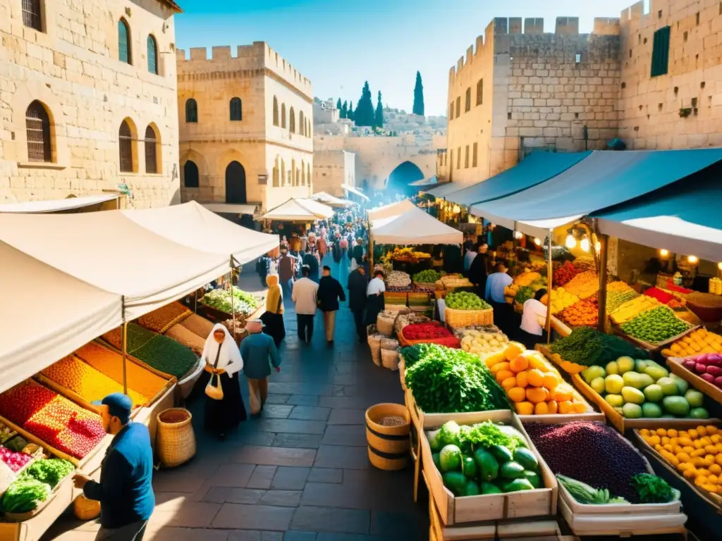 Un mercado al aire libre en Israel, con frutas, verduras y especias coloridas