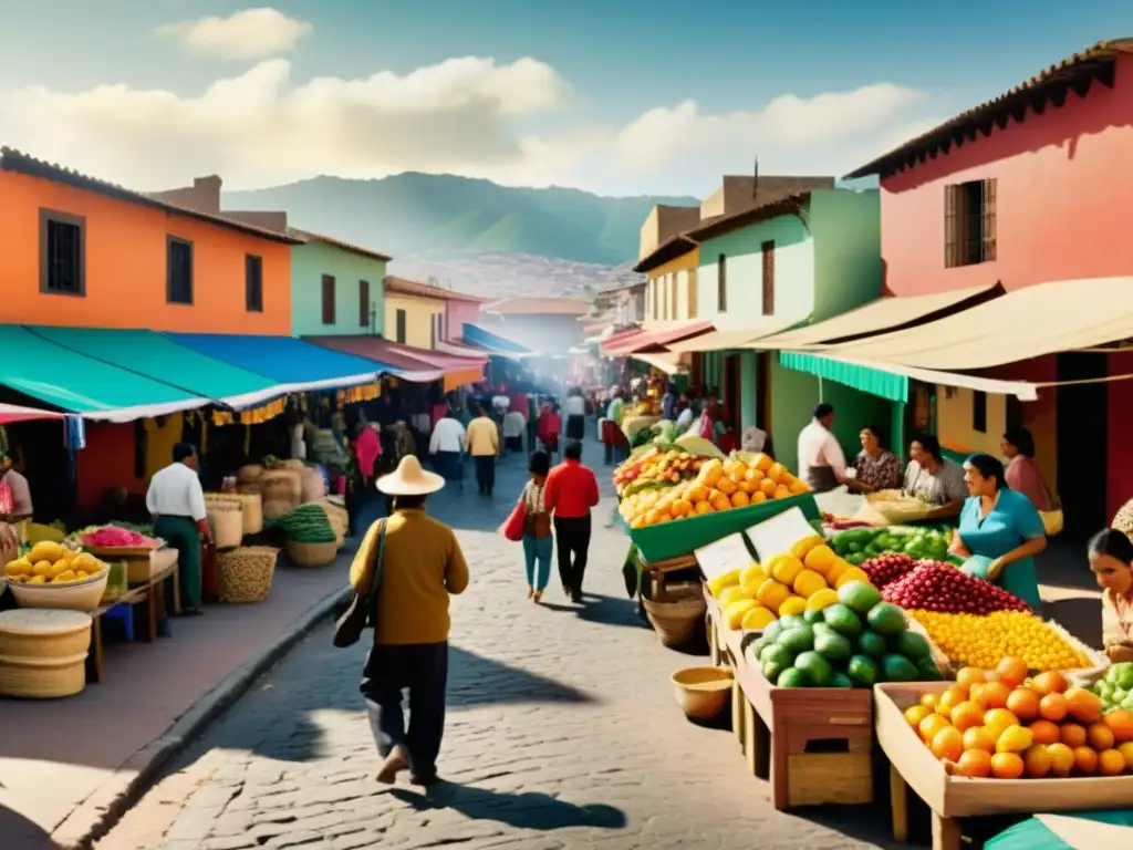 Mercado animado en América Latina con influencia española y portuguesa, evocando historia y riqueza cultural