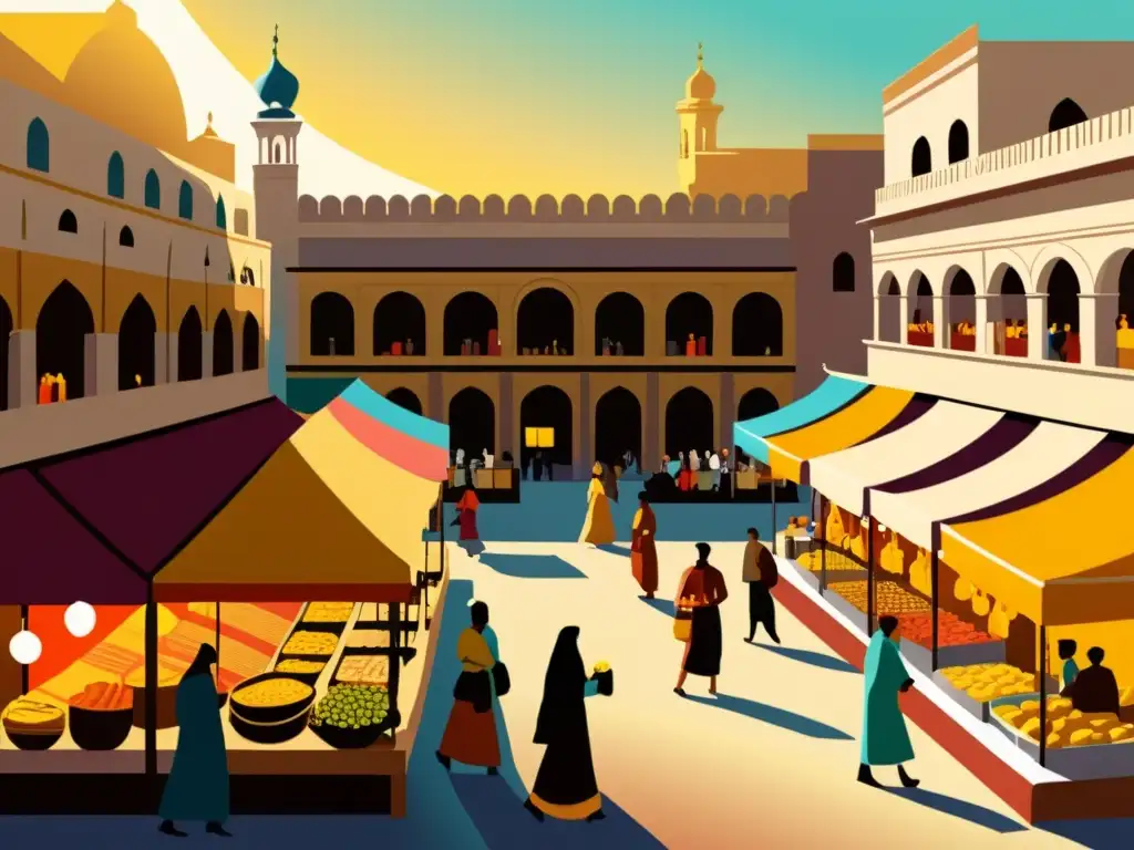 Mercado bullicioso en Al-Ándalus: ilustración vintage llena de color y vida Un mercado bullicioso en Al-Ándalus, con arquitectura intrincada y textiles coloridos