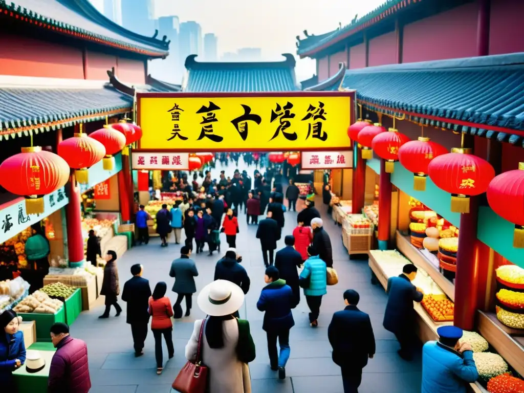 Un mercado bullicioso en China muestra la importancia de préstamos lingüísticos en el mandarín, con colores vibrantes y conversaciones animadas