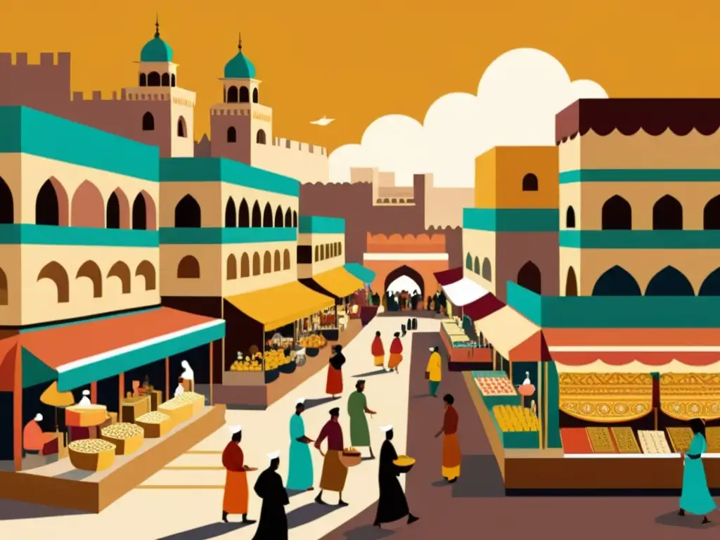 Mercado bullicioso en ciudad antigua con influencia árabe en lenguas bantúes, cultura y colores vibrantes