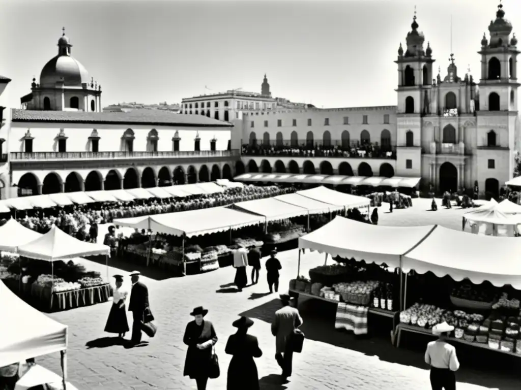 Mercado bullicioso en ciudad histórica: vendedores, arquitectura tradicional y préstamos lingüísticos en español