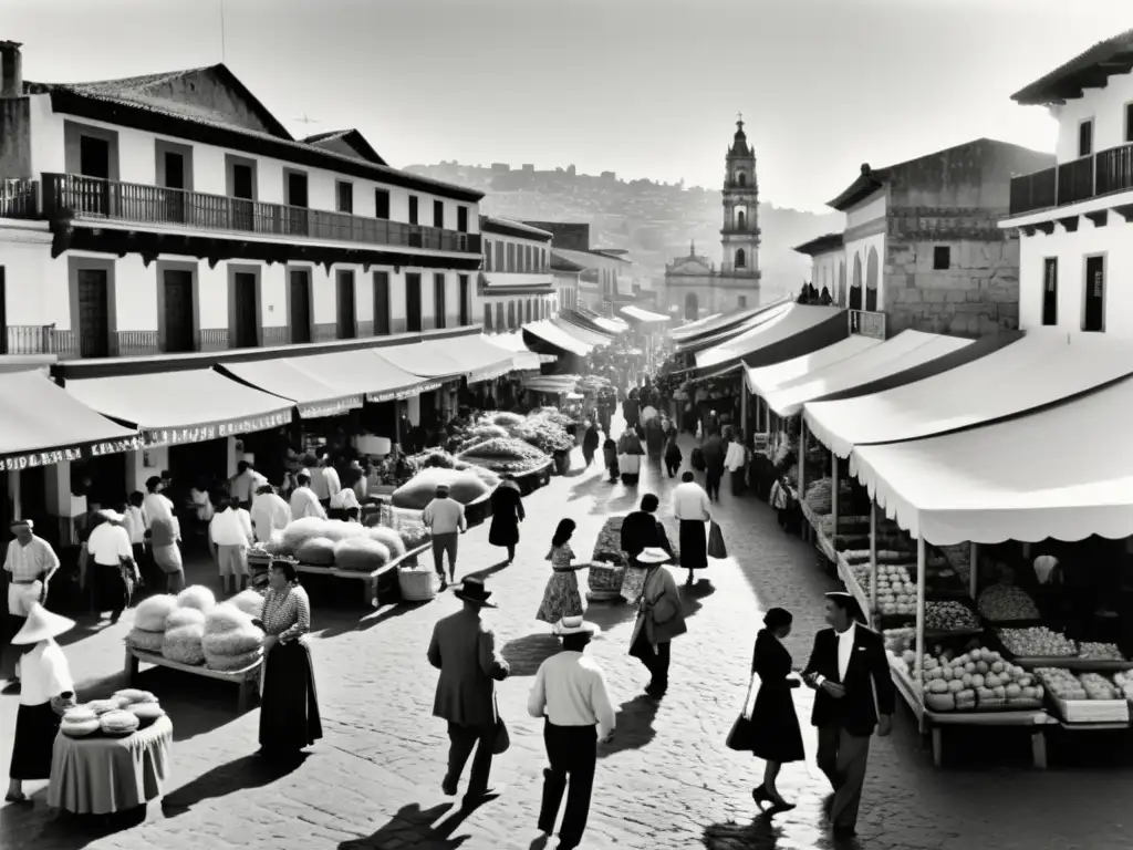 Mercado bullicioso en una ciudad latinoamericana, reflejos culturales en estructuras lingüísticas, energía vibrante y colorida