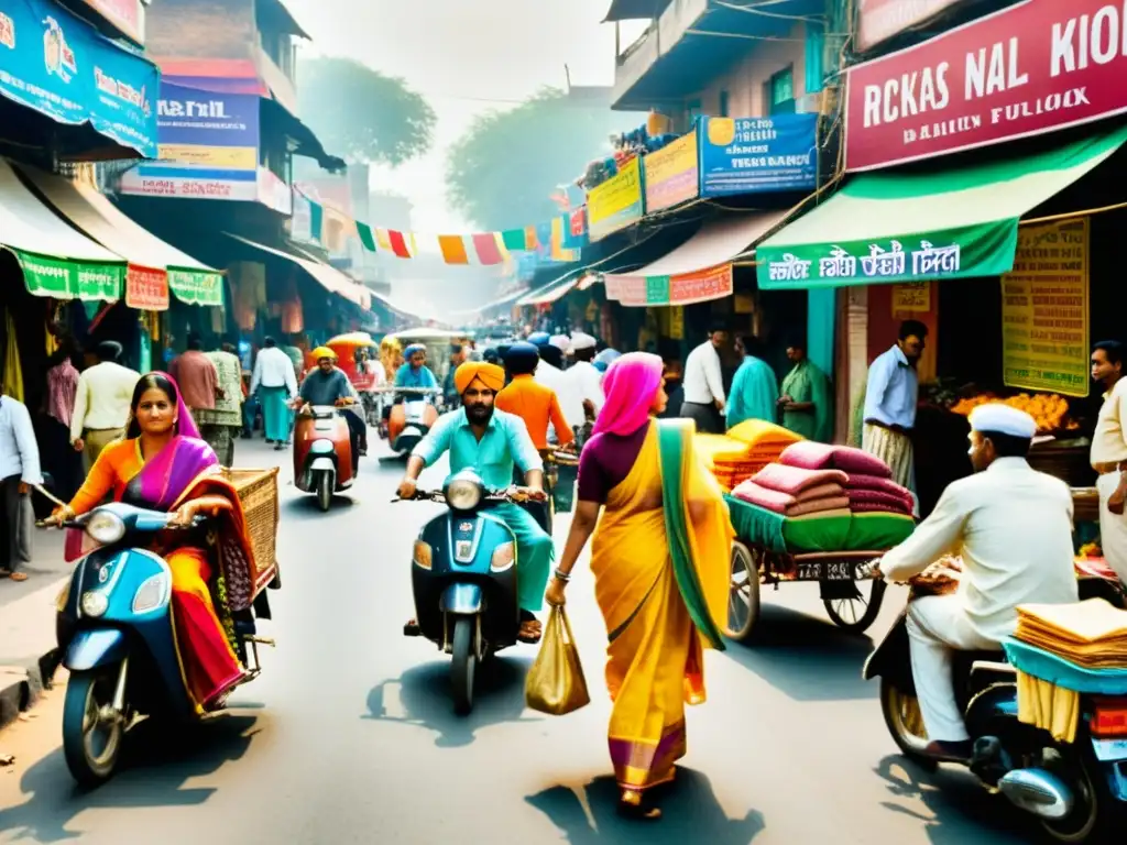 Mercado bullicioso en Delhi, India, con coloridos saris, turbantes y puestos de comida callejera