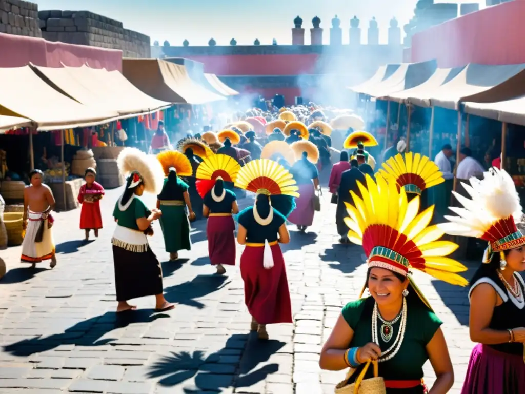 Un mercado bullicioso en el corazón de la antigua Tenochtitlan, con artículos ceremoniales aztecas