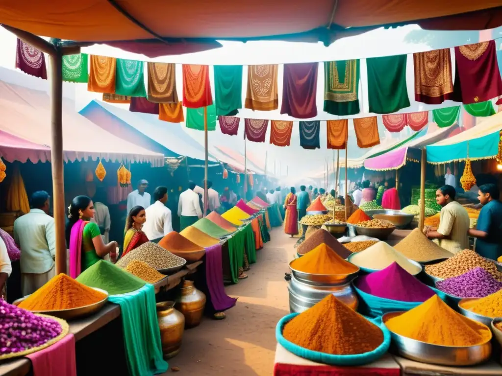 Un mercado bullicioso en la India, con saris coloridos, diseños de henna y aroma a especias