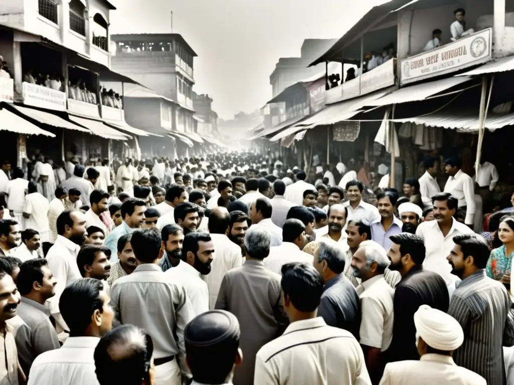 Mercado bullicioso en India, con diversidad de personas y dialectos del Hindi, reflejando la riqueza sociocultural del país