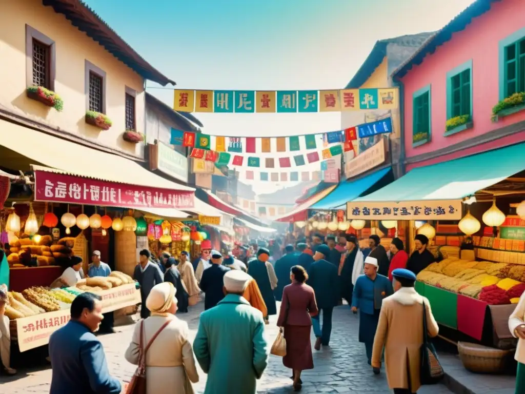 Mercado bullicioso con lenguas y culturas diversas, reflejando tensiones entre lenguas nacionales regionales