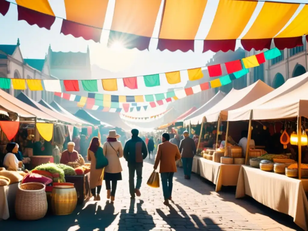 Un mercado bullicioso lleno de intercambios culturales y lenguaje local, con gente de diversos orígenes disfrutando de la vida