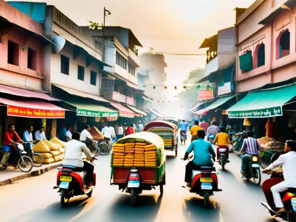 Mercado bullicioso en Nueva Delhi, India, con colores vibrantes y vestimenta tradicional