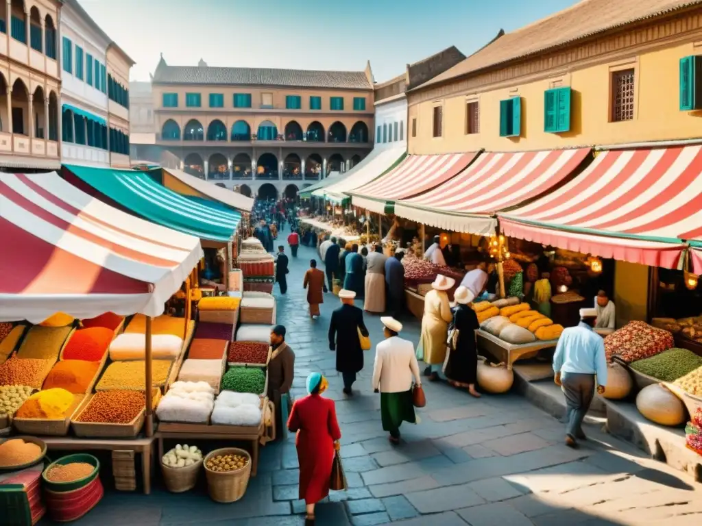 Un mercado bullicioso en un país extranjero, con vendedores y productos tradicionales bajo toldos rayados