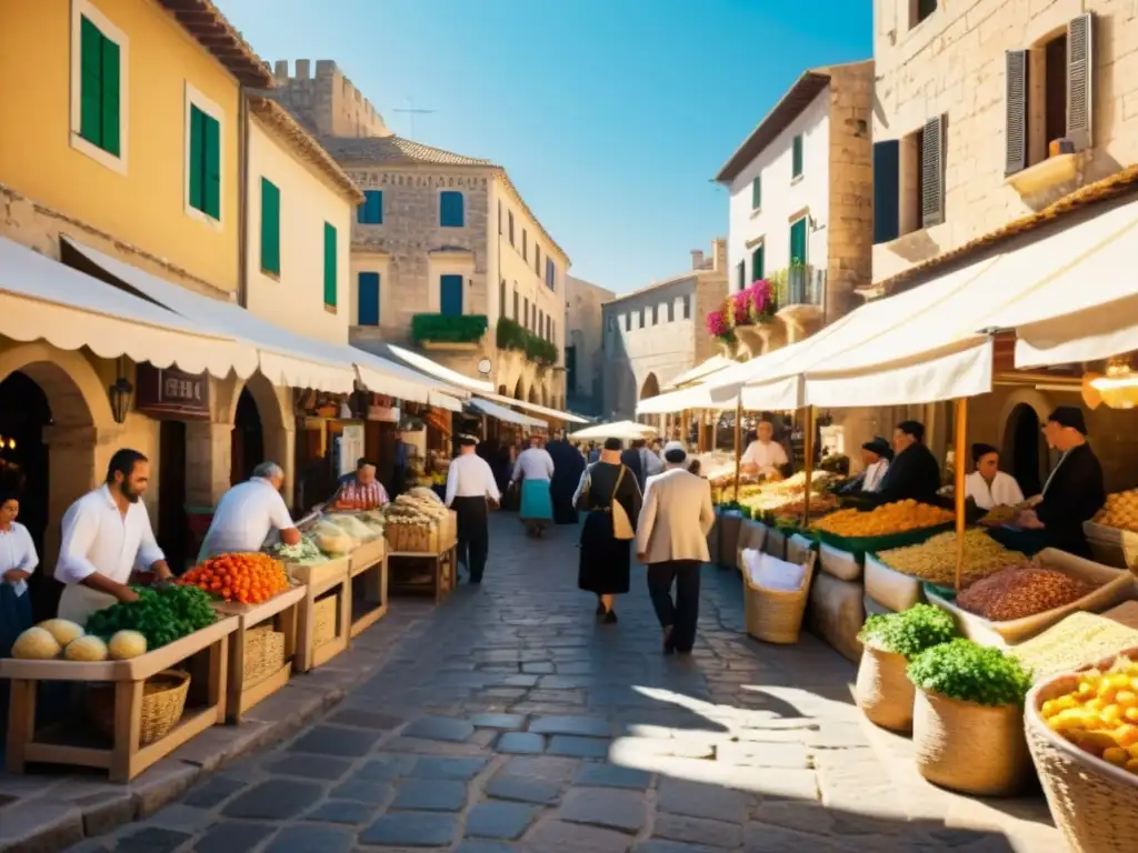 Mercado medieval en pueblo mediterráneo Un mercado bullicioso en un pueblo mediterráneo histórico