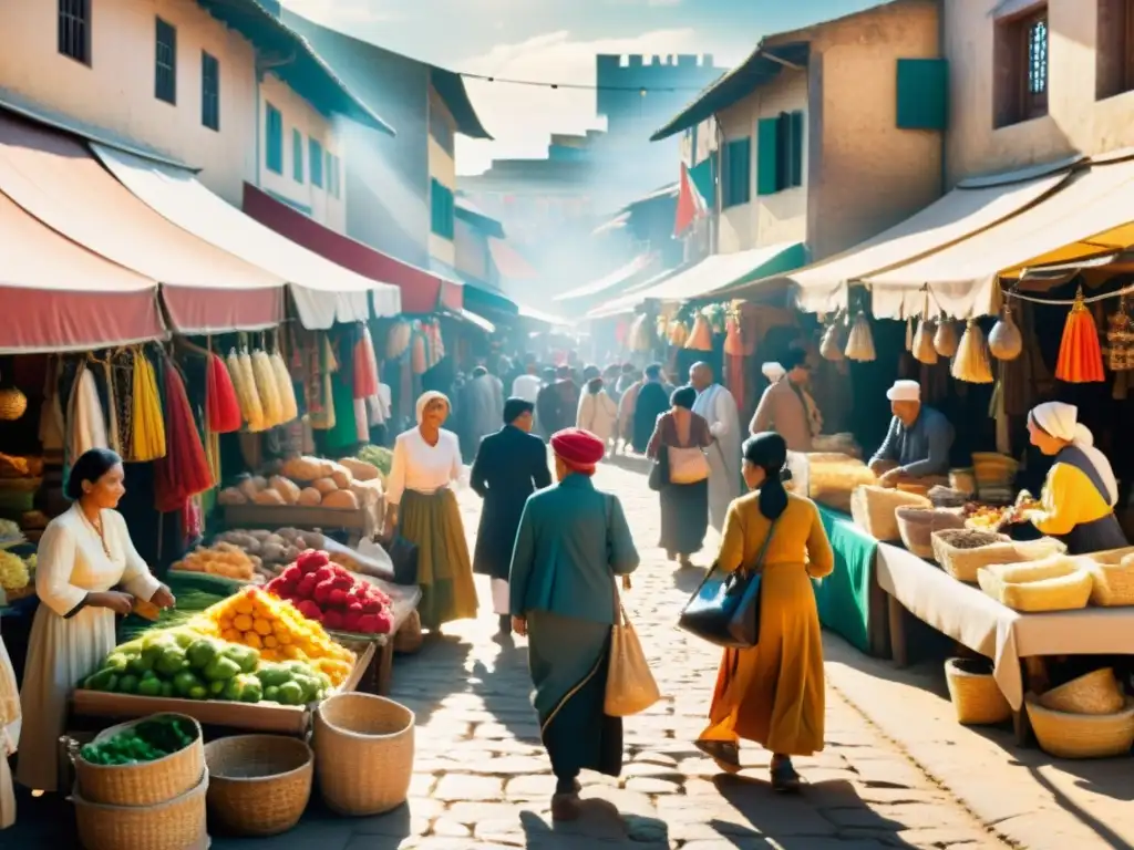 Un mercado bullicioso, con puestos coloridos y gente de diversas culturas intercambiando bienes