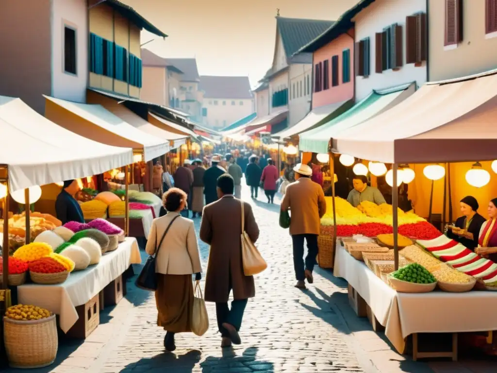 Mercado bullicioso con puestos coloridos y símbolos culturales