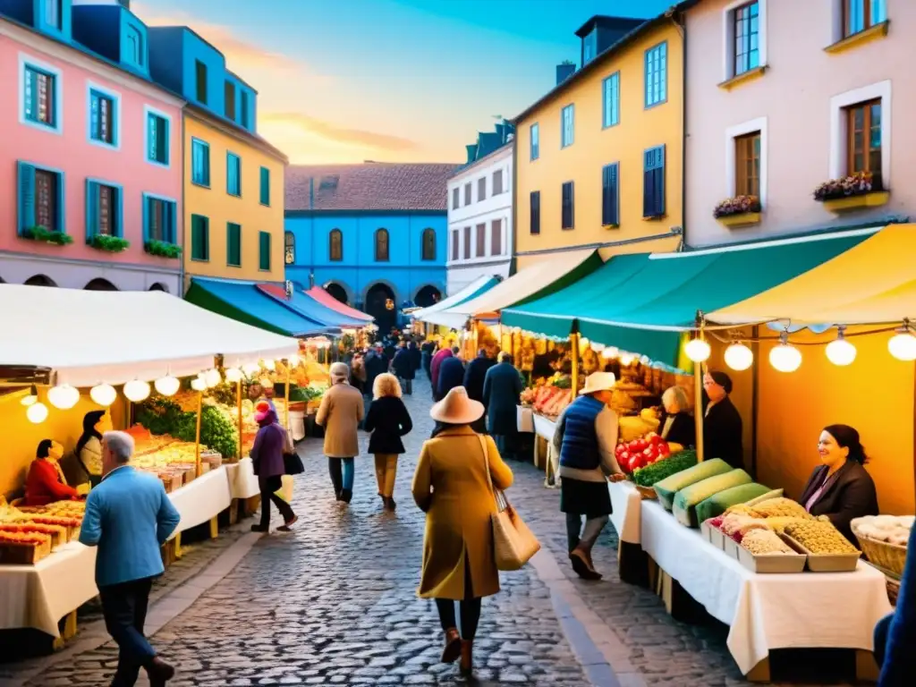 Un mercado callejero animado en una pintoresca calle empedrada, lleno de colores y escenas culturales