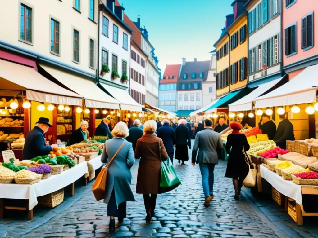 Mercado callejero multicultural en una ciudad histórica europea Un mercado callejero bullicioso en una ciudad europea histórica, con intercambios de idiomas y culturas en un ambiente vibrante