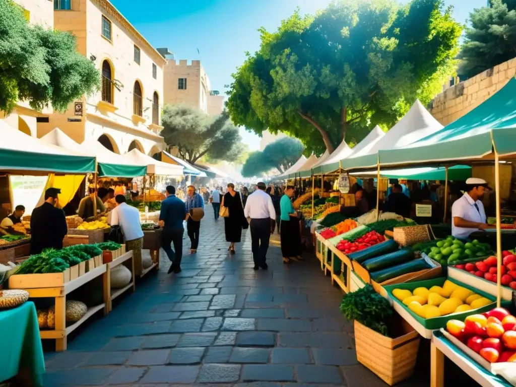 Un mercado callejero bullicioso en Tel Aviv con puestos coloridos y ambiente vibrante, reflejando la inmersión lingüística hebreo Tel Aviv