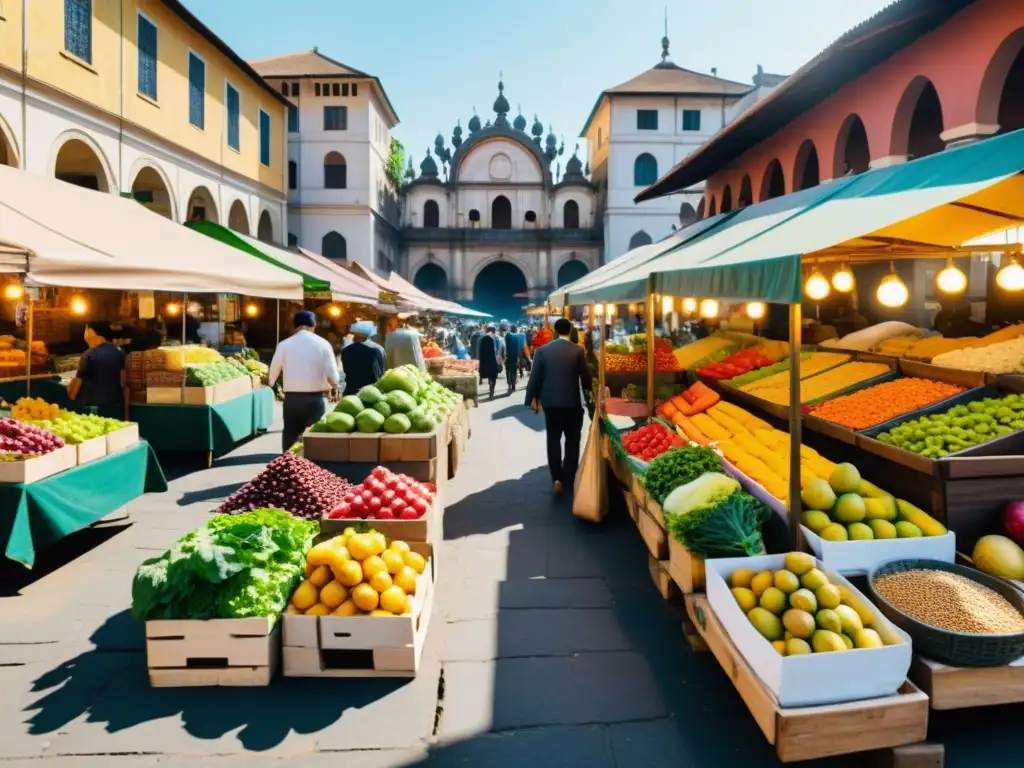 Mercado callejero lleno de vida con expresión cultural de terminología culinaria