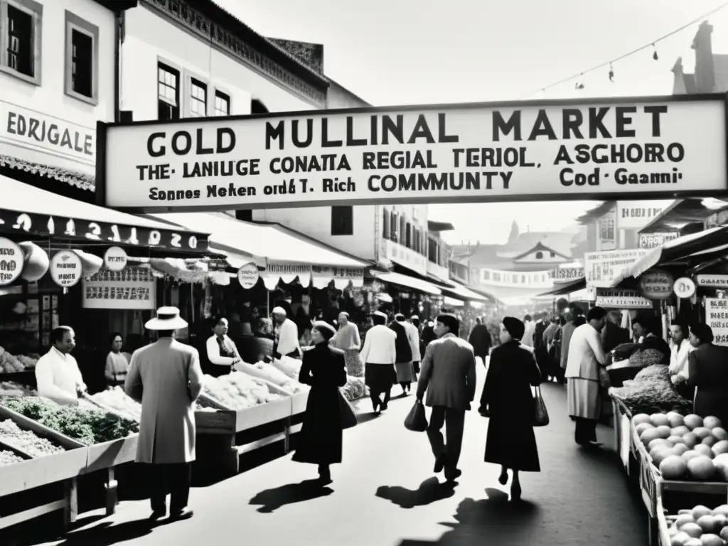 Un mercado callejero multilingüe captura la diversidad lingüística y cultural, evocando armonía entre las comunidades