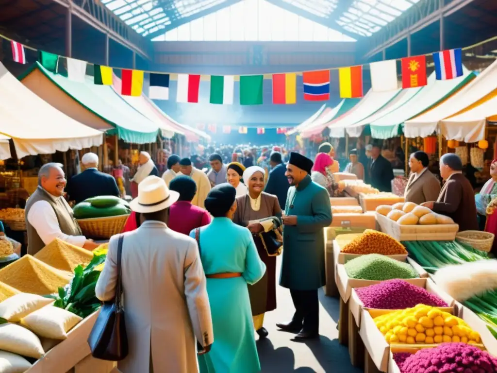 Un mercado internacional bullicioso con colores vibrantes, intercambio cultural y comprensión intercultural mediante la traducción automática