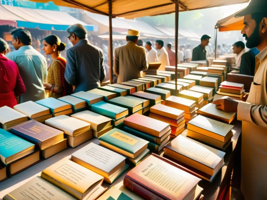 Un mercado de libros vintage en la India, con novelas hindi contemporáneas en mesas de madera