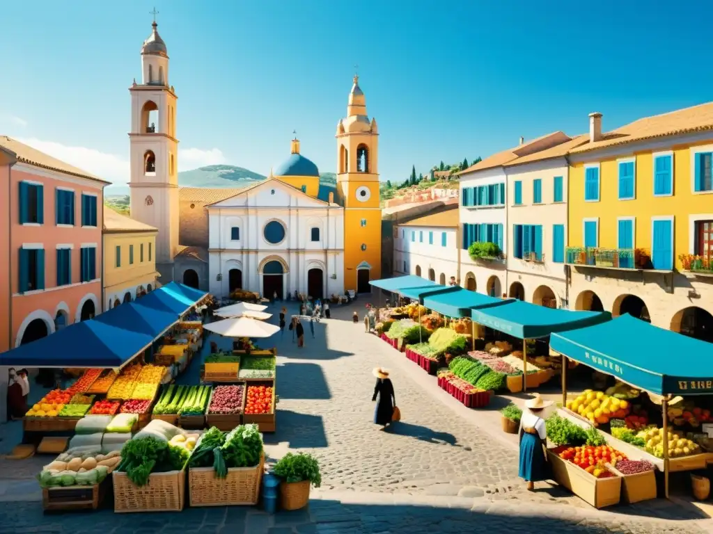 Un mercado mediterráneo con calles empedradas, casas coloridas, puestos de mercado y una iglesia histórica