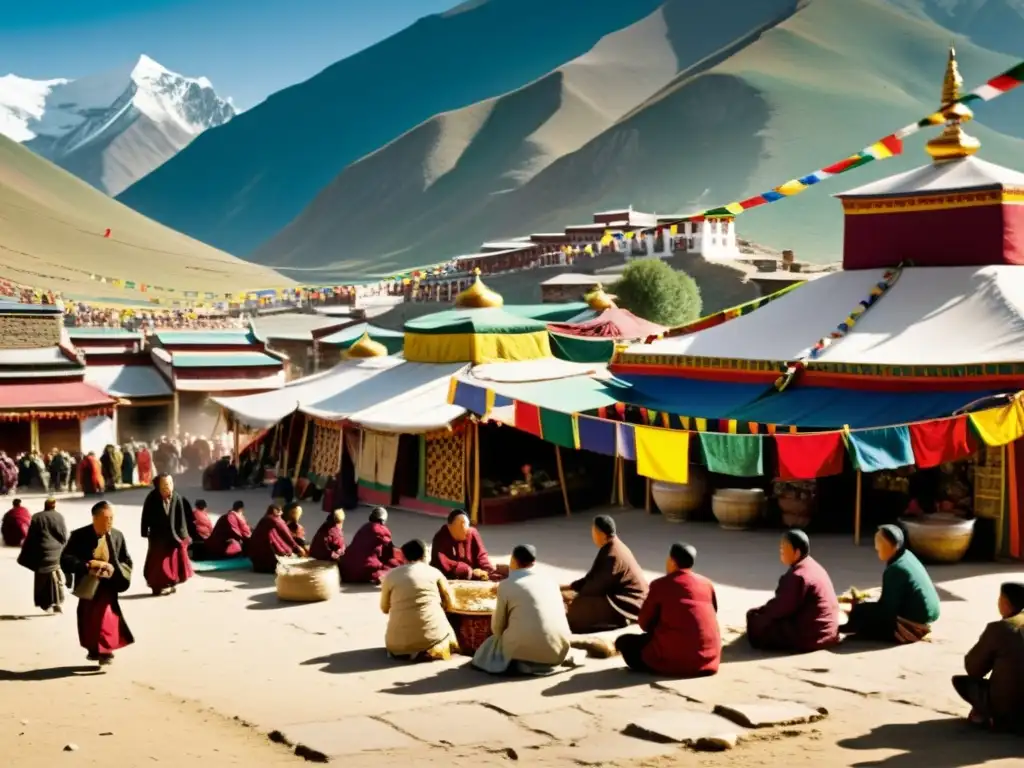 Mercado tibetano lleno de vida con arquitectura tradicional, banderas de oración coloridas y actividades culturales como danza y música tibetanas