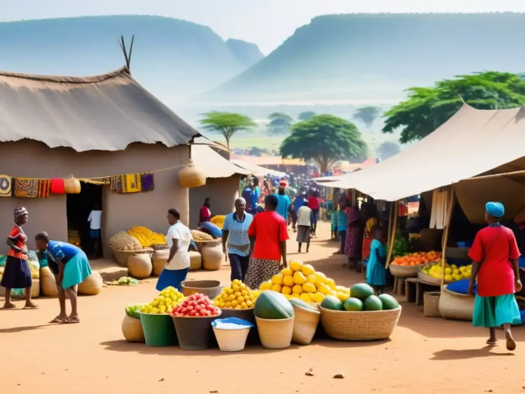 Mercado vibrante en una aldea rural africana, lleno de vida y cultura bantú