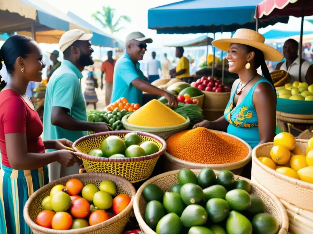 Un mercado vibrante en el Caribe, con frutas, vegetales y artesanías coloridas