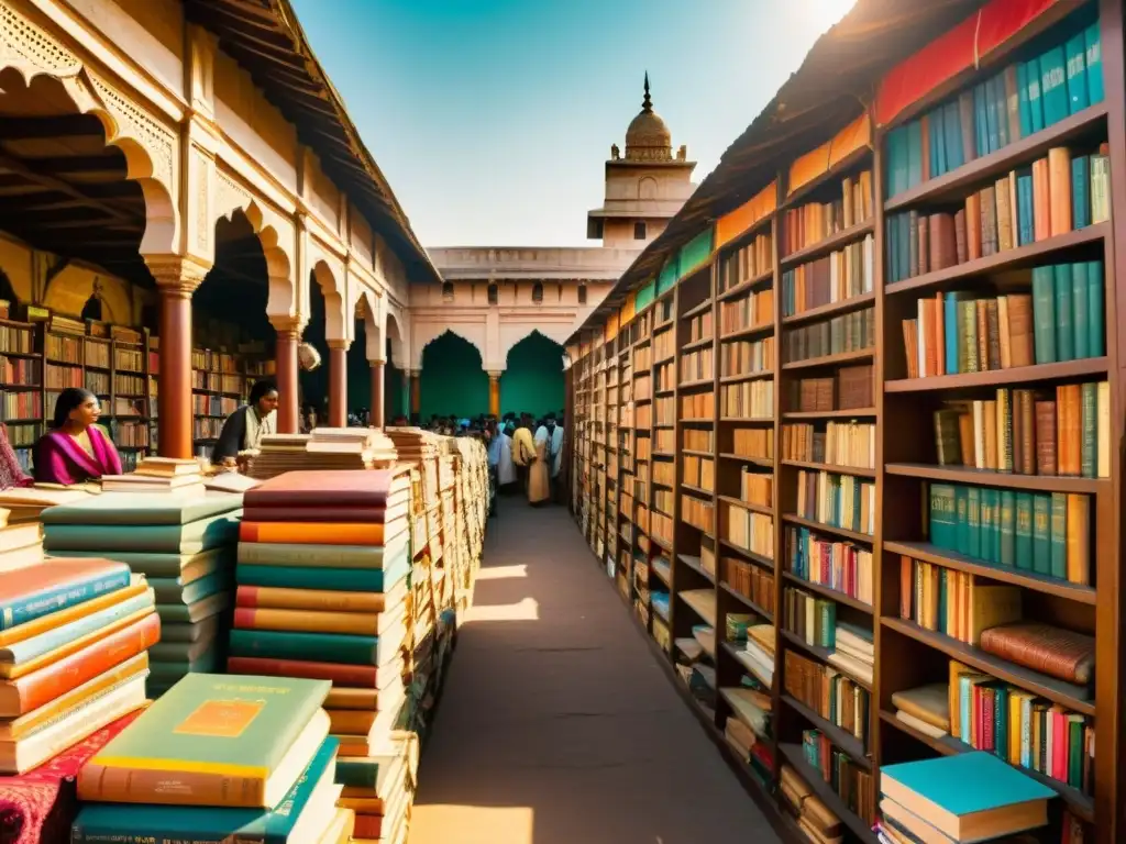 Mercado vibrante de libros en la India, con novelas Hindi contemporáneas, multitud y arquitectura histórica