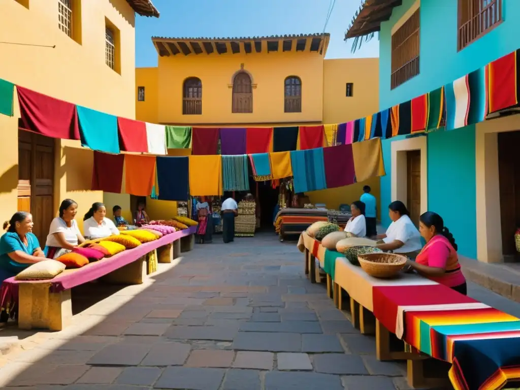 Mercado vibrante en Oaxaca, México, con textiles coloridos y mujeres indígenas vendiendo artesanías locales