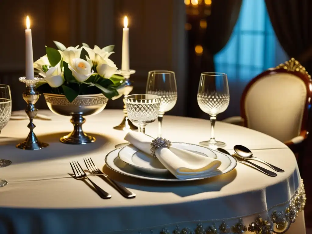 Una mesa de cena formal elegantemente dispuesta con fina vajilla, cubiertos pulidos y cristalería, bañada en cálida luz de velas