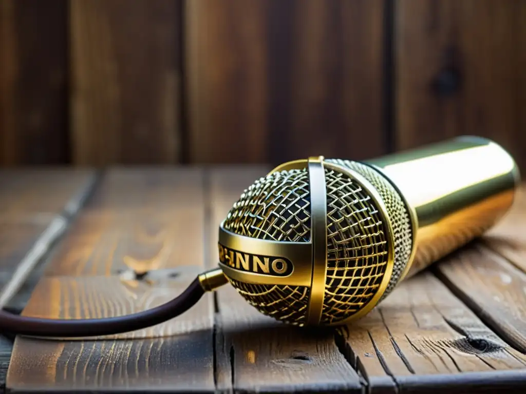Un micrófono vintage de latón detallado sobre madera envejecida