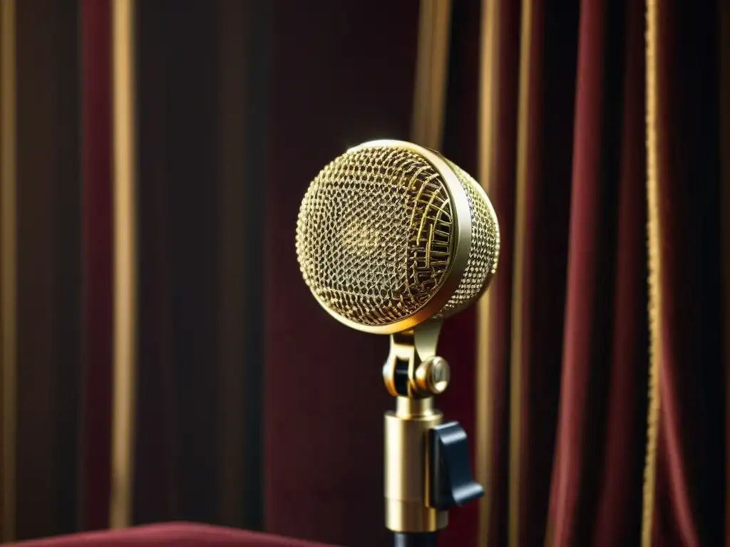Un micrófono vintage de latón detallado sobre terciopelo, iluminado por un cálido foco