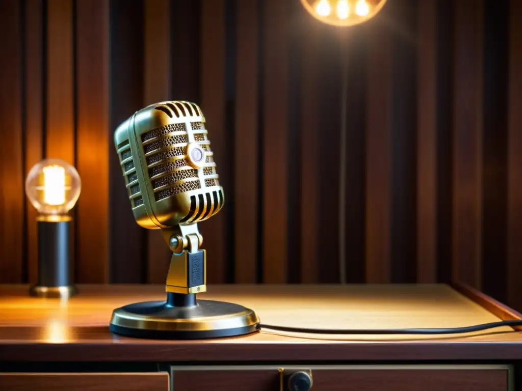 Un micrófono vintage con detalles de latón en una mesa de madera pulida, iluminado por un cálido foco