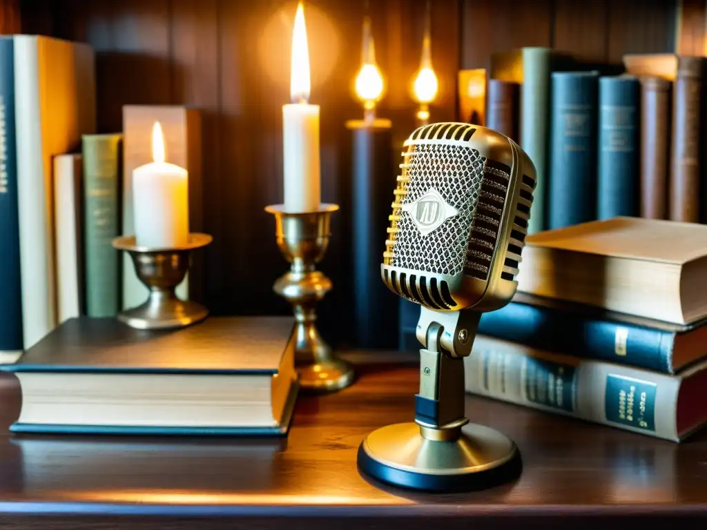 Un micrófono vintage con detalles de latón, rodeado de libros y una vela, evoca nostalgia y tradición para colecciones de audio para pronunciación